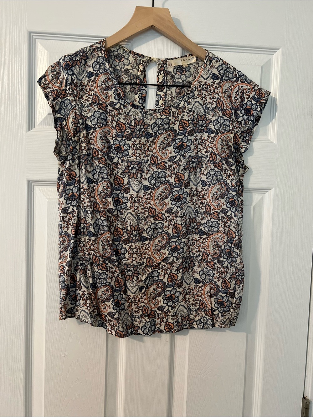 Kenar Paisley Floral Cap-Sleeve Blouse in Navy & Rust